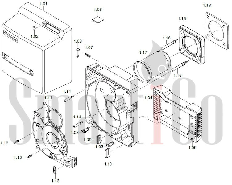 Запасные части к газовой горелке Weishaupt WG10.../1-D ZM-LN с доставкой по России 1 Запчасти к газовым горелочным устройствам Weishaupt WG10.../1-D ZM-LN. Схема 1.