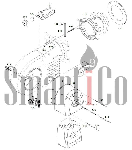 Запасные части к комбинированной горелке Weishaupt WM-GL20/2-A/ZM-R (W-FM 54) 1 Запчасти к газовым горелочным устройствам Weishaupt WM-GL20/2-A/ZM-R (W-FM 54). Схема 1.