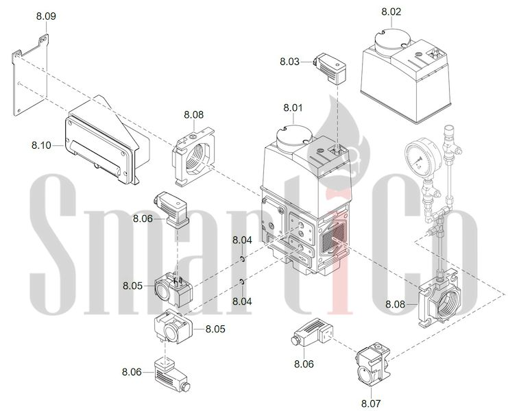 Запасные части к комбинированной горелке Weishaupt WM-GL20/2-A/ZM-T (W-FM 100/200) 8 Запчасти к газовым горелочным устройствам Weishaupt WM-GL20/2-A/ZM-T (W-FM 100/200). Схема 8.
