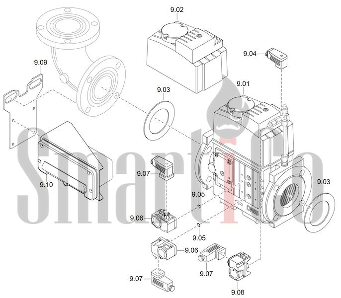 Запасные части к комбинированной горелке Weishaupt WM-GL20/2-A/ZM-T (W-FM 100/200) 9 Запчасти к газовым горелочным устройствам Weishaupt WM-GL20/2-A/ZM-T (W-FM 100/200). Схема 9.