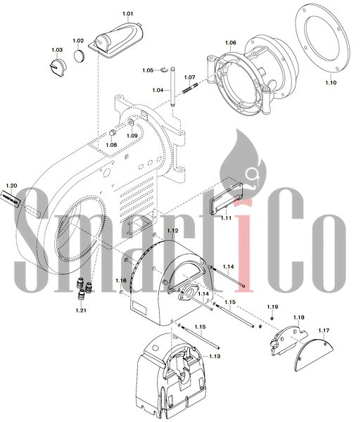 Запасные части к комбинированной горелке Weishaupt WM-GL20/2-A/ZM-T (W-FM 54) 1 Запчасти к газовым горелочным устройствам Weishaupt WM-GL20/2-A/ZM-T (W-FM 54). Схема 1.