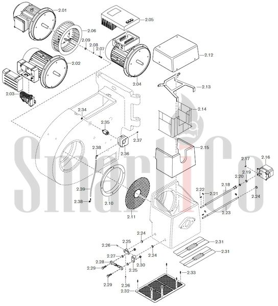 Запасные части к комбинированной горелке Weishaupt RGL30/2-A ZM-NR (W-FM 100/200) с доставкой по России 2 Запасные части к комбинированной (двухтопливной) горелке Weishaupt RGL30/2-A ZM-NR (W-FM 100, 200). Схема 2.