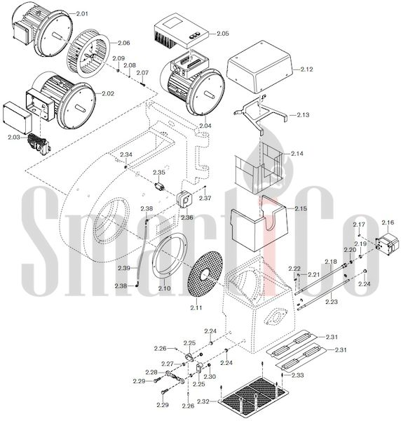 Запасные части к комбинированной горелке Weishaupt RGMS40/2-A ZM-NR (W-FM 100/200) с доставкой по России 2 Запасные части к комбинированной (двухтопливной) горелке Weishaupt RGMS40/2-A ZM-NR (W-FM 100, 200). Схема 2.
