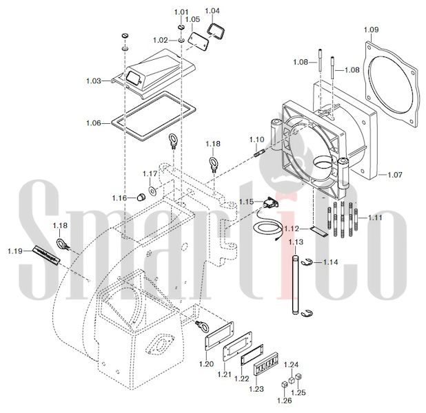 Запасные части к комбинированной горелке Weishaupt RGMS50/2-A ZM-NR (W-FM 100/200) с доставкой по России 1 Запасные части к комбинированной (двухтопливной) горелке Weishaupt RGMS50/2-A ZM-NR (W-FM 100, 200). Схема 1.