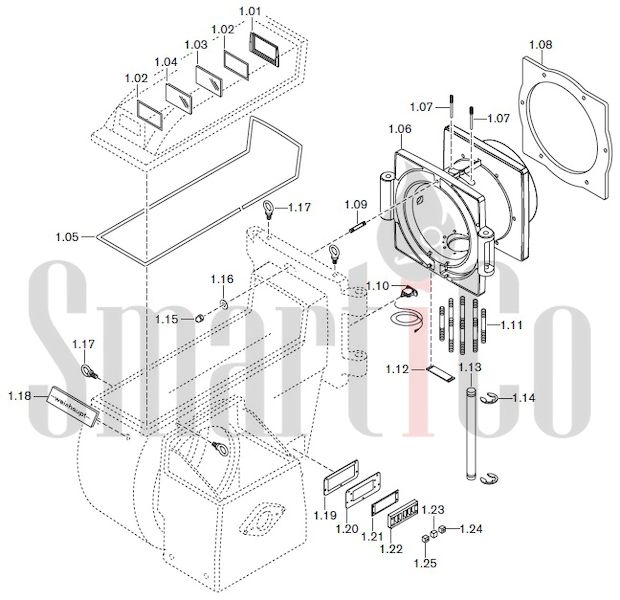 Запасные части к комбинированной горелке Weishaupt RGMS60/2-A ZM-NR (W-FM 100/200) с доставкой по России 1 Запасные части к комбинированной (двухтопливной) горелке Weishaupt RGMS60/2-A ZM-NR (W-FM 100, 200). Схема 1.