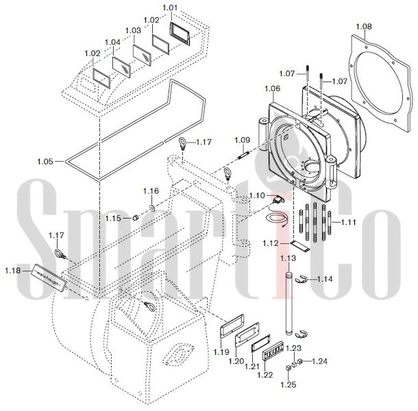 Запасные части к комбинированной горелке Weishaupt RGMS70/1-B ZM-NR (W-FM 100/200) с доставкой по России 1 Запасные части к комбинированной (двухтопливной) горелке Weishaupt RGMS70/1-B ZM-NR (W-FM 100, 200). Схема 1.
